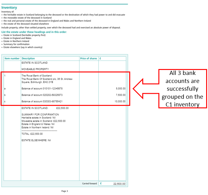 How do I group multiple accounts with one institution on the C1 inventory? (for Scottish estates)